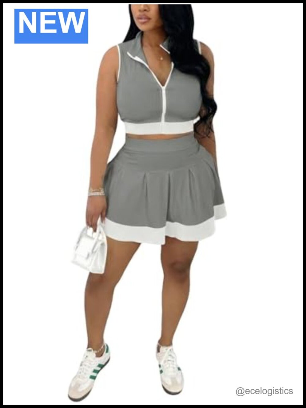 Women's 2 Piece Tennis Skirt Outfit Sleeveless Zip Crop Top High Waist Pleated